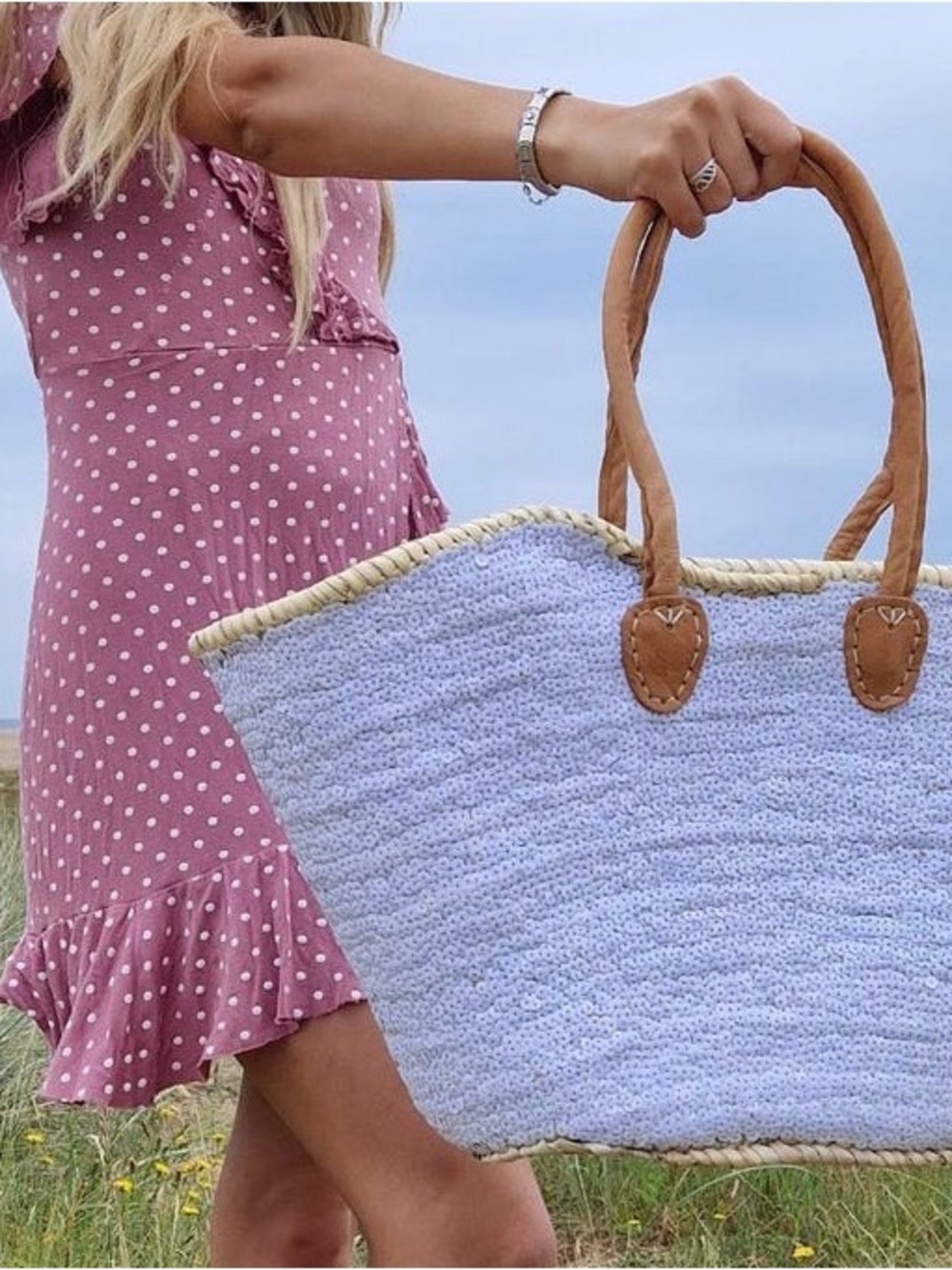 Woven Straw Tote Bag with Light Blue Crochet Exterior and Tan Leather Handles